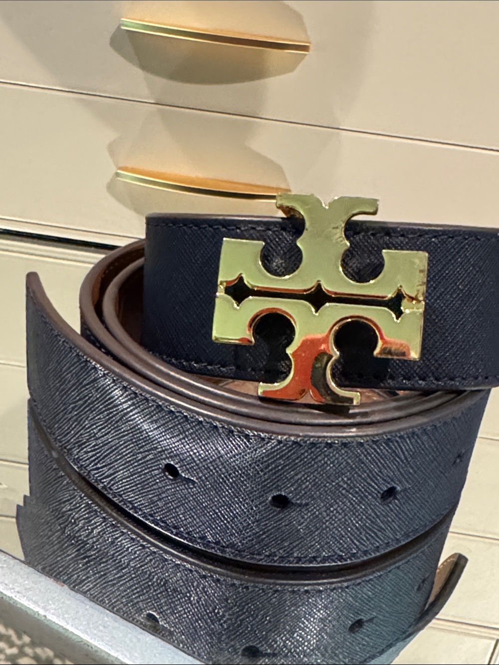 Tory Burch Navy reversible Leather Belt with Gold Logo Buckle